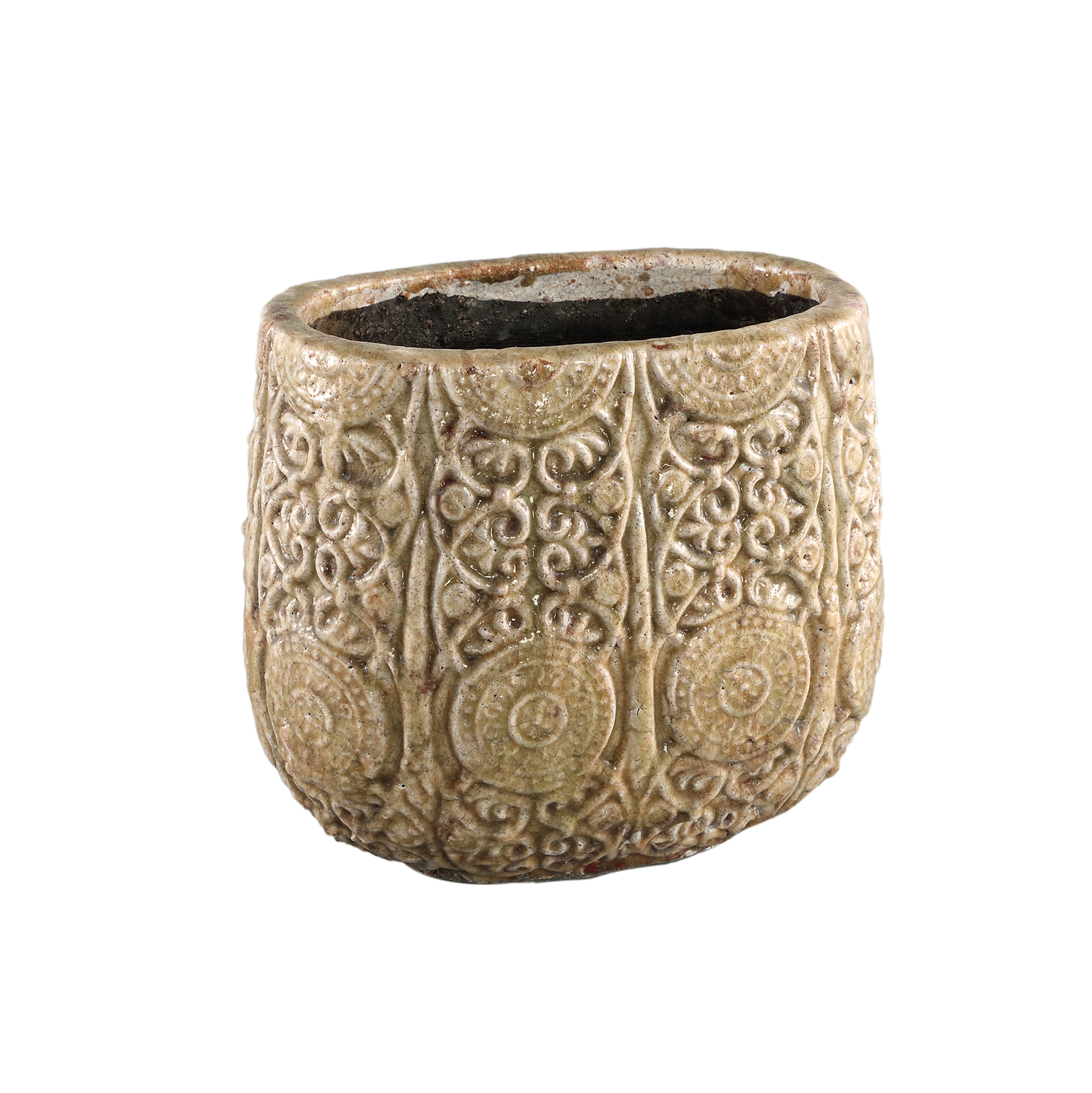 Sendar Brown ceramic pot with antique print oval L